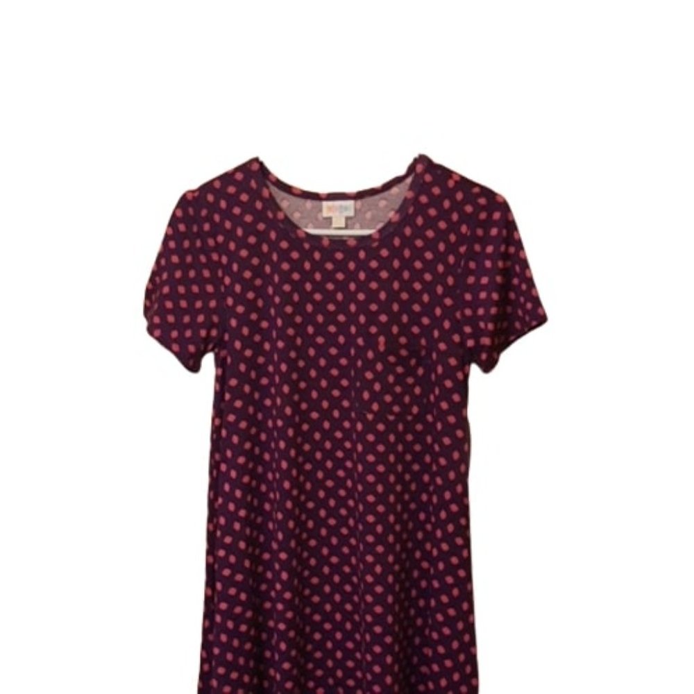 LuLaRoe Carly Purple with Pink Geometric Pattern High-Low Swing Dress NWT